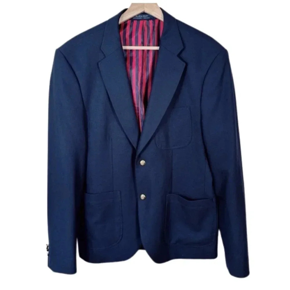 ZARA Mens Size 42 Navy Patch  Pocket Military Blazer